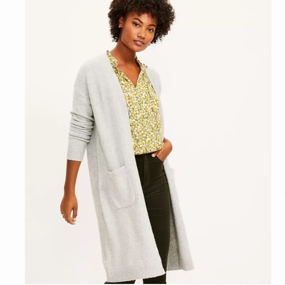 Ann Taylor LOFT Open Front Long Relaxed Cardigan Knit Sweater Cozy Grey Medium